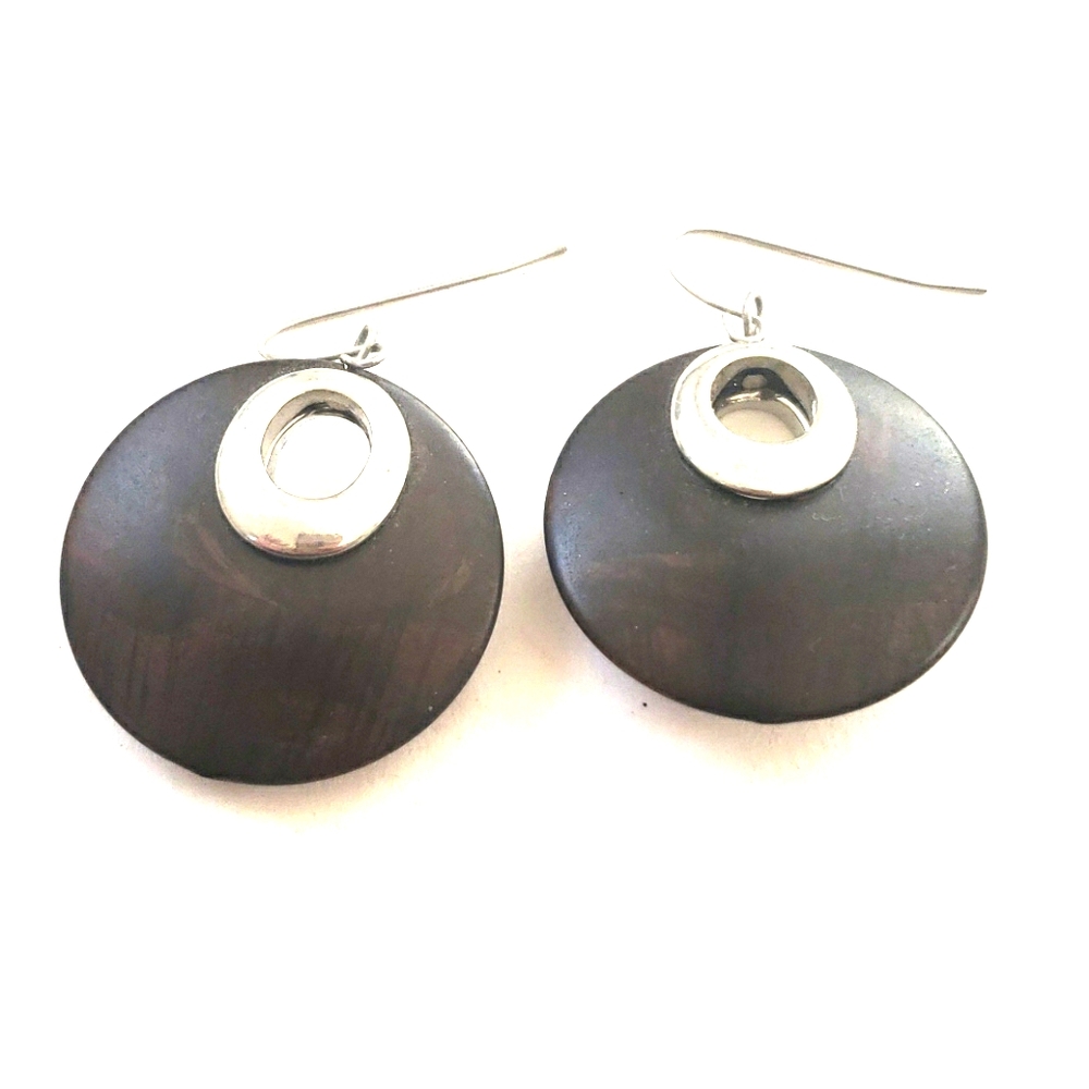 Round Wood Disc Earrings w/Silver - Picture 1 of 7